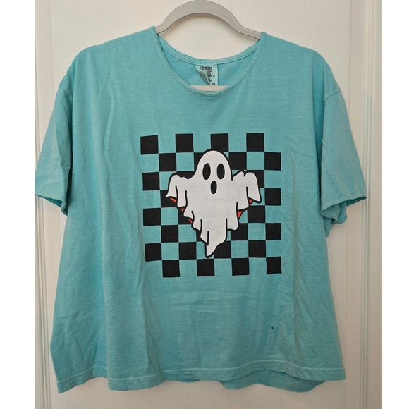 Comfort Colors Tops - Ghost Checkered Graphic T-Shirt Aqua Blue XL Women's Cotton Tee